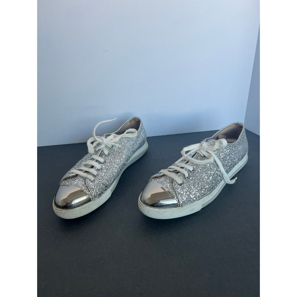 Mui Mui Silver Glitter‎ Cap Toe Flat Lace Up Low Top Sneaker Shoes Sz 8
